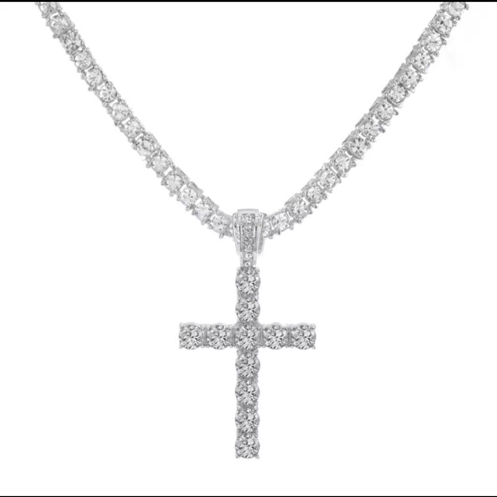 Cross Pendant Necklace with 4mm Tennis Chain Iced  Necklace Jewelry Silver chain - Picture 5 of 8